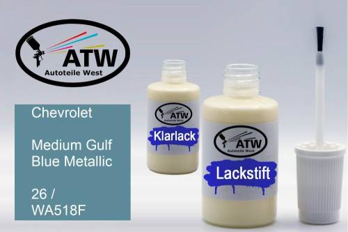 Chevrolet, Medium Gulf Blue Metallic, 26 / WA518F: 20ml Lackstift + 20ml Klarlack - Set, von ATW Autoteile West.